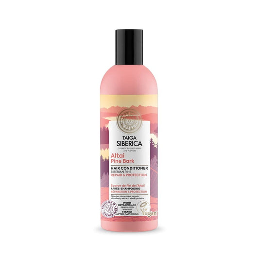 Haarspülung mit Alta Pine für Wiederaufbau, 270 ml, von EUROBIO LAB, zeigt eine Flasche mit grünem Etikett und Spülung.