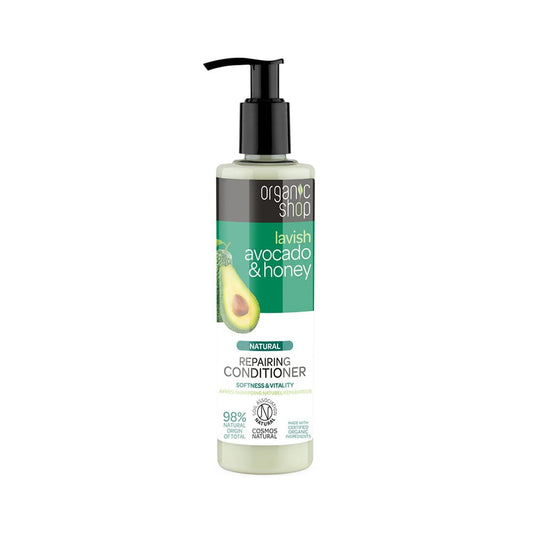Regenerierender Haarbalsam mit Avocado und Honig von EUROBIO LAB, 280 ml, zeigt die Flasche mit cremiger Textur.