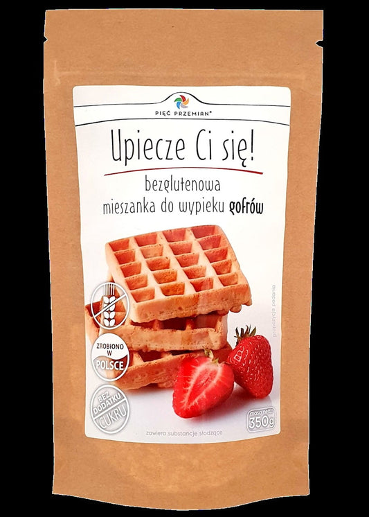Glutenfreie Waffel-Backmischung von PIĘĆ PRZEMIAN, 350g, mit goldbraunen, knusprigen Waffeln auf einem Teller.