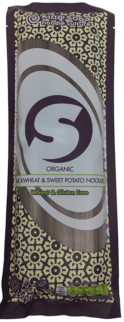 Bio glutenfreie Buchweizennudeln mit Süßkartoffeln von KING SOBA, 250 g, roh in der Packung sichtbar
