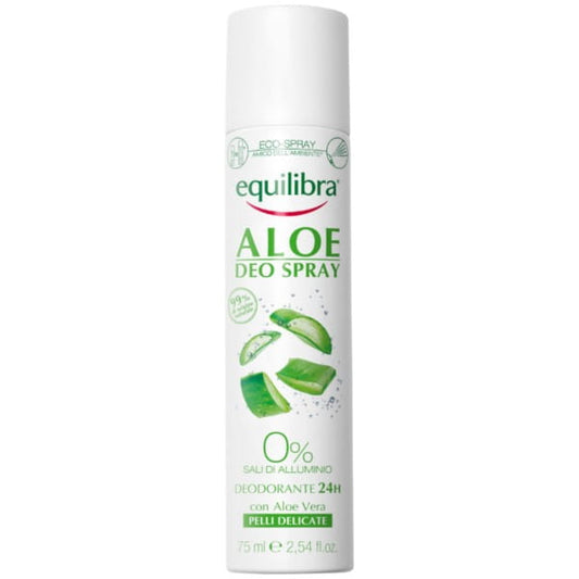Aloe-Deodorant-Spray von EQUILIBRA, 75 ml Flasche mit grünem Aloe Vera Design, zeigt das Produkt in einer stilvollen Verpackung.