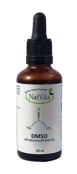 Flasche mit 50ml DMSO Dimethylsulfoxid 100% von NatVita, transparent mit weißem Verschluss, auf weißem Hintergrund