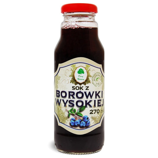 BIO Highbush Blueberry Sirup von DARY NATURY in 270 ml Flasche, Nahaufnahme des blauen Sirups mit Heidelbeerbeeren.