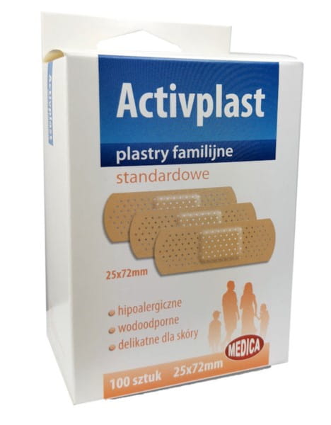 Familienstandardpflaster von Activplast, 100 Stück, blick auf den offenen Karton mit bunten Wundpflastern.