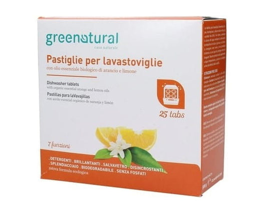 Familie Geschirrspültabs von Greenatural, 25 Stück, umweltfreundliche Spültabs für nachhaltiges Geschirrspülen, auf einem weißen Hintergrund