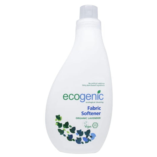 EKO Lavendel Weichspüler von ECOGENIC in 1000 ml Flasche, zeigt die lila Lavendelblüten und Weichspülerflasche.