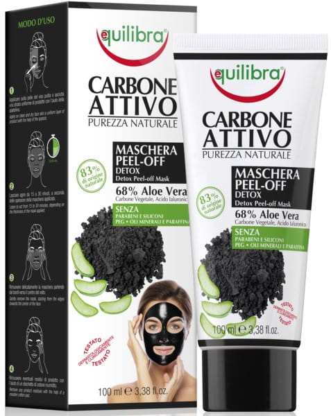 Gesichtsmaske mit Aktivkohle von EQUILIBRA in 100ml Flasche, zeigt die schwarze Maske in einem weißen Tiegel.