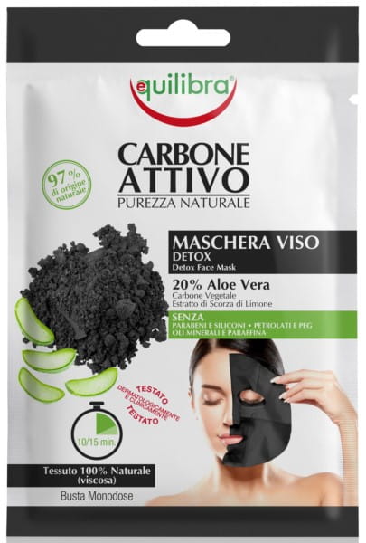 Schwarze Gesichtsmaske mit Aktivkohle von EQUILIBRA, zeigt die Maske auf einem Gesicht für reininge Haut.