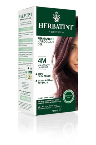 Gel-Farbe in Mahagoni Kastanie von HERBATINT, 150 ml Flasche, zeigt die cremige Textur und den warmen Farbton.
