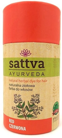 Rotbraune Ayurveda-Haarfarbe von SATTVA in 150g, zeigt die cremige Textur und das natürliche Farbergebnis.