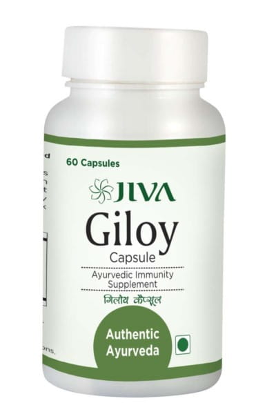 Gelbe Giloy-Kapseln für das Atmungssystem von JIVA AYURVEDA, 60 Stück, in einer weißen Verpackung.