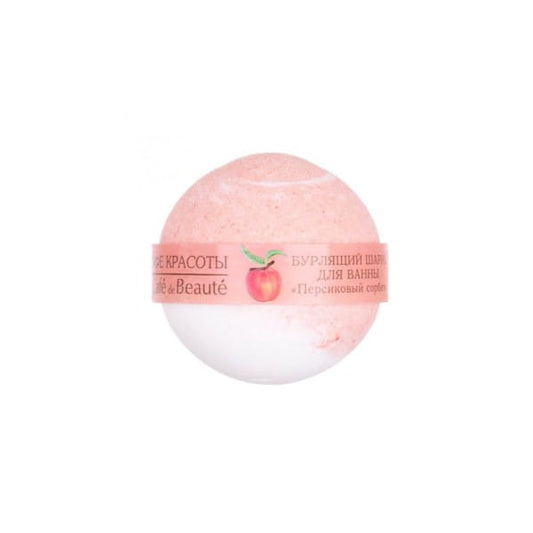 Badebombe Pfirsichsorbet von CAFE MINI PROFESSIONAL, mit orangefarbener Badekugel und sprudelnder Textur für entspannendes Bad