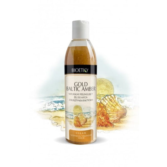 Goldenes baltisches Bernstein-Peeling-Gel von BIOETIQ in einer 300 ml Flasche, sichtbar auf dem Bild.