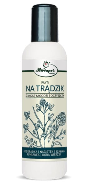 Aknelotion von HERBAPOL KRAKÓW, 100 ml Flasche mit beruhigender Gesichtslotion für unreine Haut, auf weißem Hintergrund