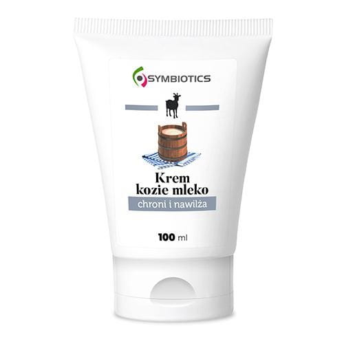Feuchtigkeitscreme aus Ziegenmilch von Symbiotics, 100 ml, cremige Textur in einem weißen Tiegel auf einem Badezimmerregal