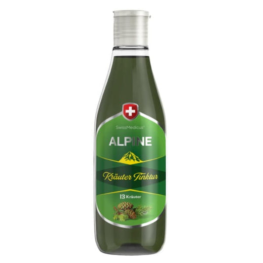 Spirituosenextrakt aus 13 Kräutern von Herbamedicus, 250 ml Flasche, zeigt die Kräuter im Glas.