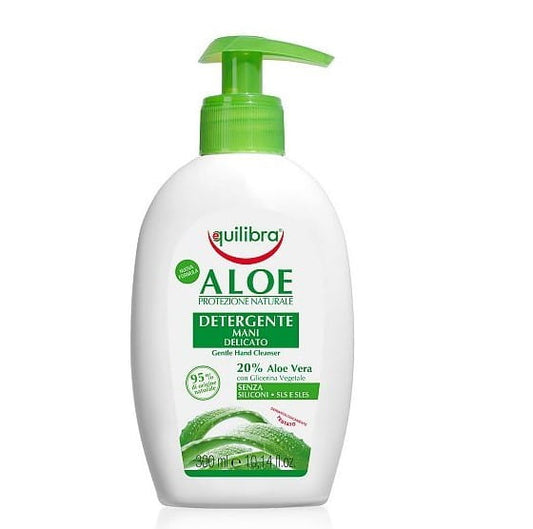 Händedesinfektionsgel von EQUILIBRA, Aloe, 300 ml Flasche mit pumpbarem Verschluss auf weißem Hintergrund