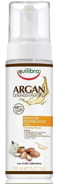 Argan-Reinigungsschaum von EQUILIBRA in 150 ml Flasche, cremige Textur für sanfte Hautreinigung, sichtbar in der Flasche
