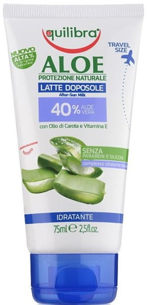 Nachsun-Lotion mit 40% Aloe von EQUILIBRA, 75 ml Flasche, cremige Textur für Hautpflege nach Sonneneinstrahlung