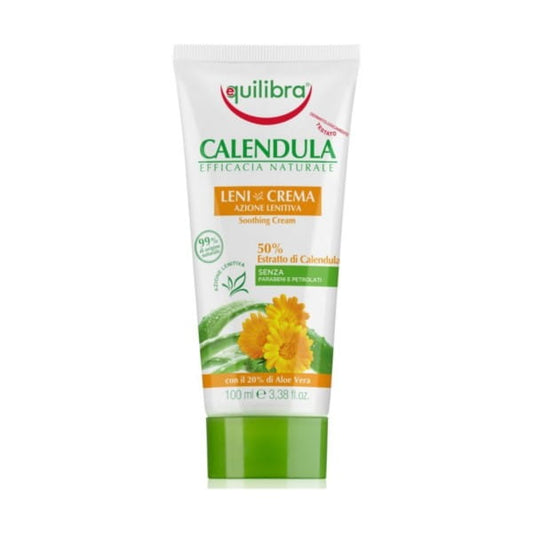 Beruhigende Creme mit Calendula von EQUILIBRA, 100 ml, in einem weißen Tiegel, zeigt die Creme mit Calendula-Extrakt.