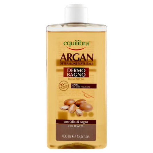 Argan-Badegel von EQUILIBRA in 400 ml Flasche, cremige Textur, ideal für pflegende Baderoutine, mit Arganöl.