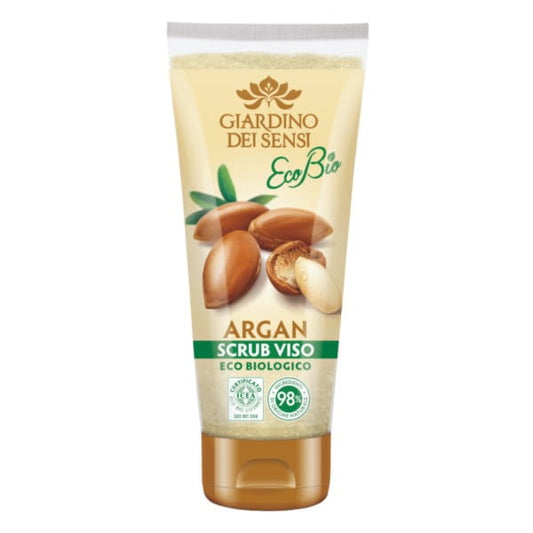 Bio-Argan-Gesichtspeeling von GIARDINO DEI SENSI, zeigt die peeling-Produktverpackung und Textur in natürlicher Umgebung