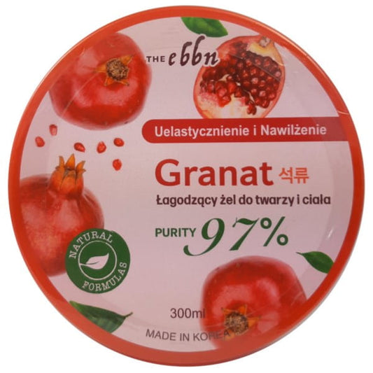 Beruhigendes Granatapfel-Körpergel von The Ebbn, 300 ml Flasche mit gelber Verpackung, auf weißem Hintergrund.