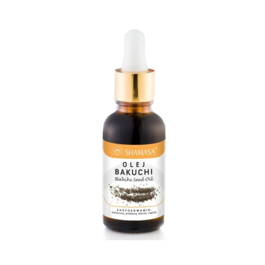 Helles Bakuchi-Öl in 15 ml Flasche von SHAMASA, für Vitiligo-Behandlung, auf weißem Hintergrund.
