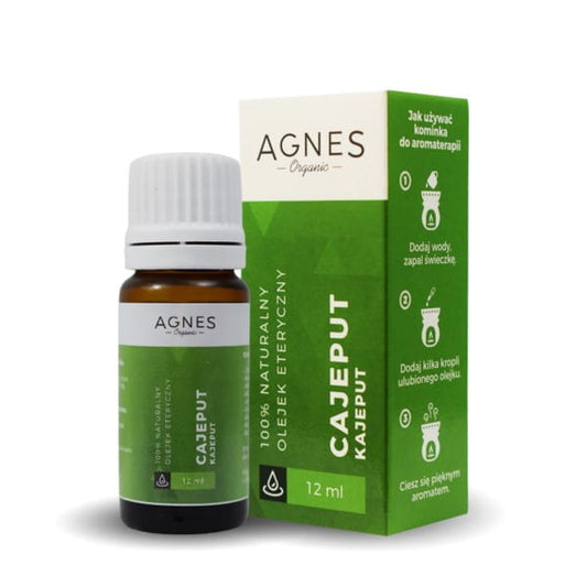 Ätherisches Kajeputöl von AGNES ORGANIC in 12 ml Flasche, dunkelgrüne Blätter und Kajeputzweige auf weißem Hintergrund