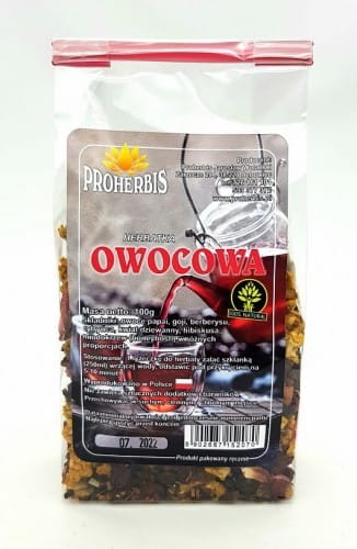 Früchtetee von PROHERBIS in 100 g Packung, mit bunten getrockneten Fruchtstücken und Kräutern, ideal für fruchtigen Teegenuss