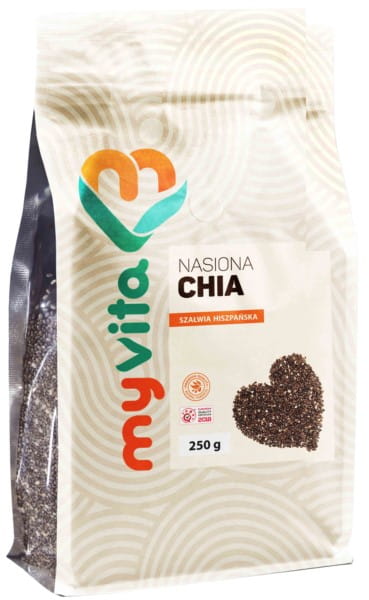 Chiasamen von MyVita, 250g Packung, natürliche Samen zur Unterstützung des Blutdrucks, auf weißem Hintergrund präsentiert
