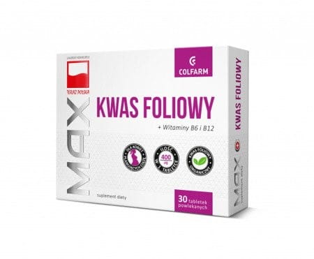 Folsäure B6 B12 Tabletten von COLFARM für Schwangerschaft, 30 Stück, Nahaufnahme der Verpackung und Tabletten