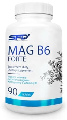 Hochwertige Mag B6 Forte Tabletten von SFD in einer offenen Packung, sichtbar auf einem weißen Hintergrund.