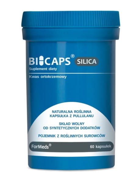 Bicaps Kieselsäure Silizium Kapseln von FORMEDS, Mineralien in einer Packung mit 60 Kapseln, Nahaufnahme der Kapseln.