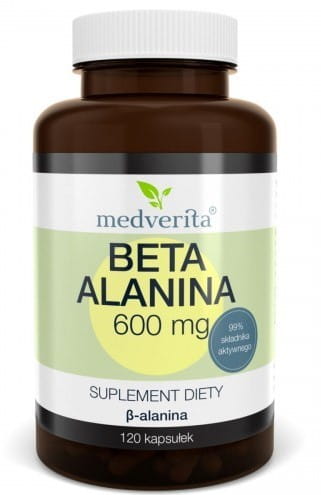 Beta-Alanin 600 mg Kapseln von MEDVERITA, 120 Stück, Nahaufnahme der weißen Kapseln in einer Packung.