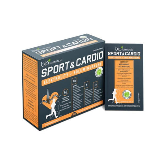 Elektrische Elektrolyte und Mineralsalze für Sport und Cardio von BIOPHARMATION, in einer Verpackung, sichtbares Produktbild.