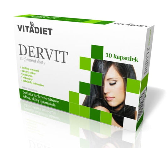 VITADIET Dervit 30 Kapseln zur Stärkung von Haaren und Nägeln, Nahaufnahme der Kapseln in einer Packung