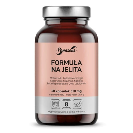 Darmflora-Ergänzung mit 50 Kapseln von Panaseus, zeigt die Verpackung und die Kapseln auf einem weißen Hintergrund.