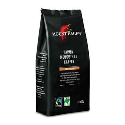 Gemahlener Arabica Kaffee von Mount Hagen, geröstet, Papua Fair Trade Bio, 500 g, offene Verpackung mit Kaffee im Beutel