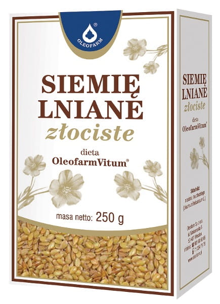Goldener Leinsamen von OLEOFARM in einer 250g Packung, Nahaufnahme der leuchtend goldenen Samen auf weißem Hintergrund
