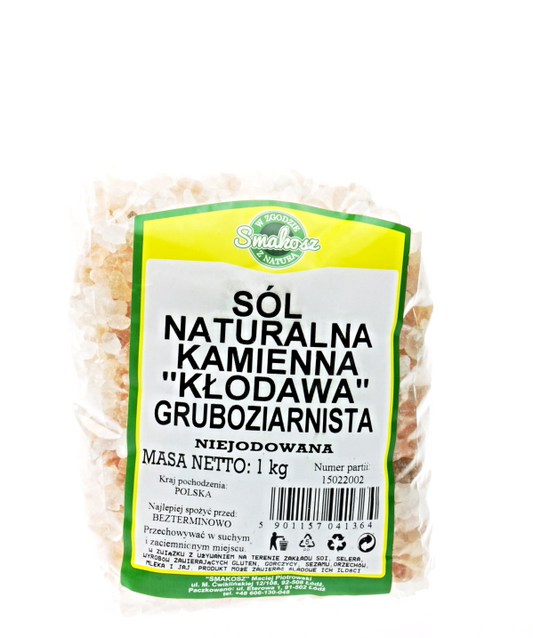 Rosa Natursteinsalz aus Kłodawa, grobkörnig, nicht jodiert, 1 kg, von SMAKOSZ, zeigt große rosa Salzkrümel