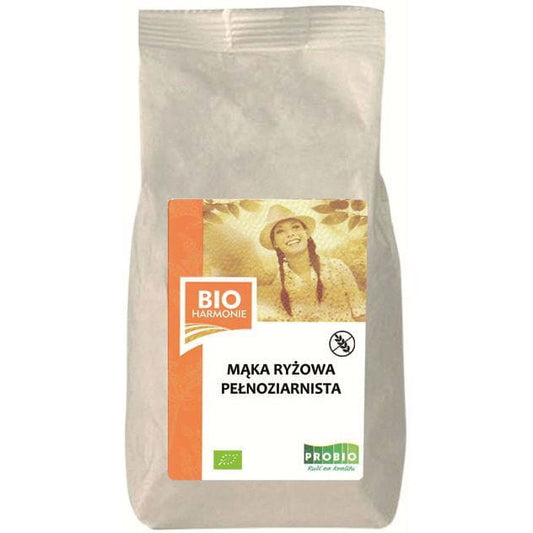 Bio glutenfreies Vollkorn-Reismehl von BIO HARMONIES, 300 g, feines braunes Mehl in einer Packung.