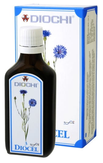 Diocel Tropfen 50 ml Reinigung von DIOCHI, Flasche mit Tropfen zur natürlichen Reinigung und Pflege, auf weißem Hintergrund
