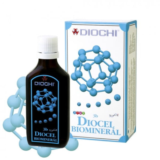 Diocel Biomineraltropfen von DIOCHI in 50 ml Flasche, detailreiche Nahaufnahme der Flasche mit Etikett und Tropföffnung