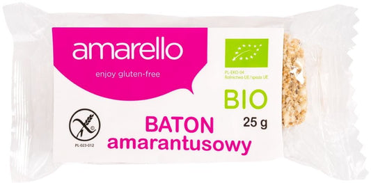 Bio glutenfreier Amaranth Riegel von Amarello, 25 g, mit natürlichen Zutaten, zeigt den Riegel in einer Verpackung.