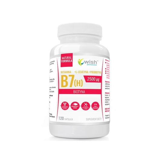 Hochwertige Biotin 120 Kapseln mit Vitamin B (h) von WISH, flache Kapseln in einer braunen Packung.