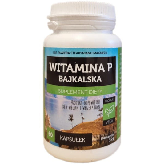 Blick auf die 60 Kapseln von Baikal Vitamin P von NEW AGE, Produktverpackung und Kapseln auf weißem Hintergrund