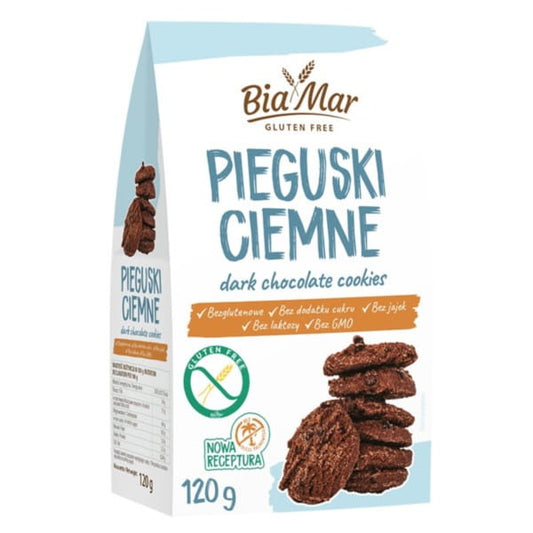 Dunkle Biamar Piegus-Kekse von LOOK FOOD, 120 g, mit Schokoladengeschmack, nebeneinander auf weißem Hintergrund.