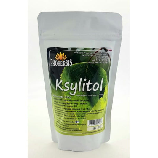 Finnisches Xylit Birkenzucker von PROHERBIS, 250 g Packung mit weißen Kristallen, ideal zum Süßen und Backen.