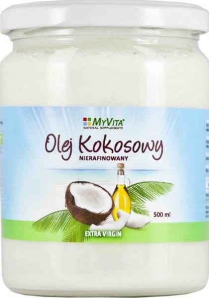 Natives Kokosöl in 500 ml Flasche von MyVita, flüssig und transparent, ideal für Kochen und Hautpflege.